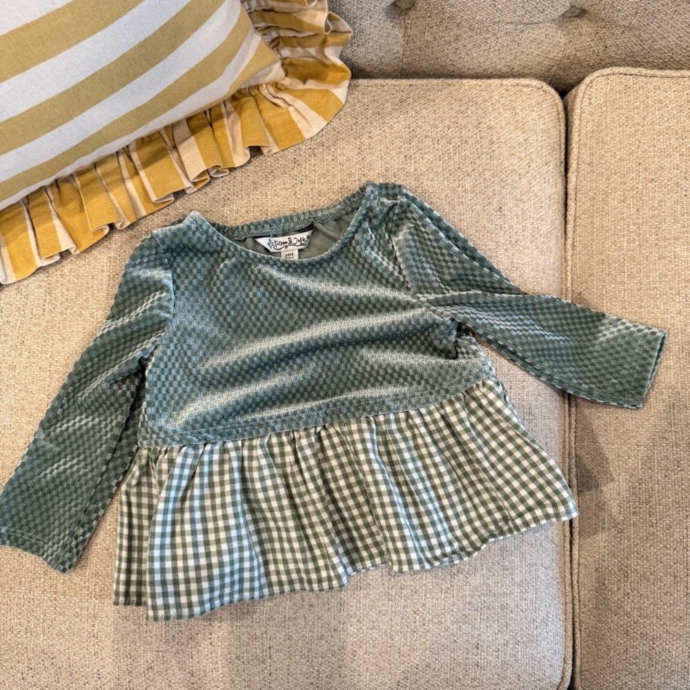 Ruffle Hem Velvet & Gingham Top - Green